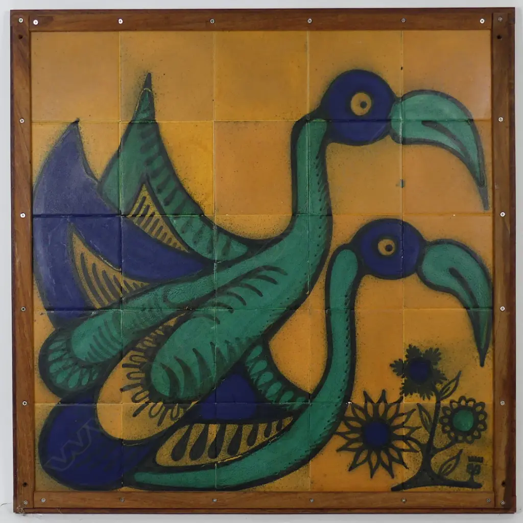 Five framed Anneke Borren pottery tile panels Image 1++