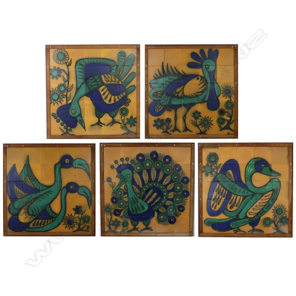 Five framed Anneke Borren pottery tile panels Image 1++