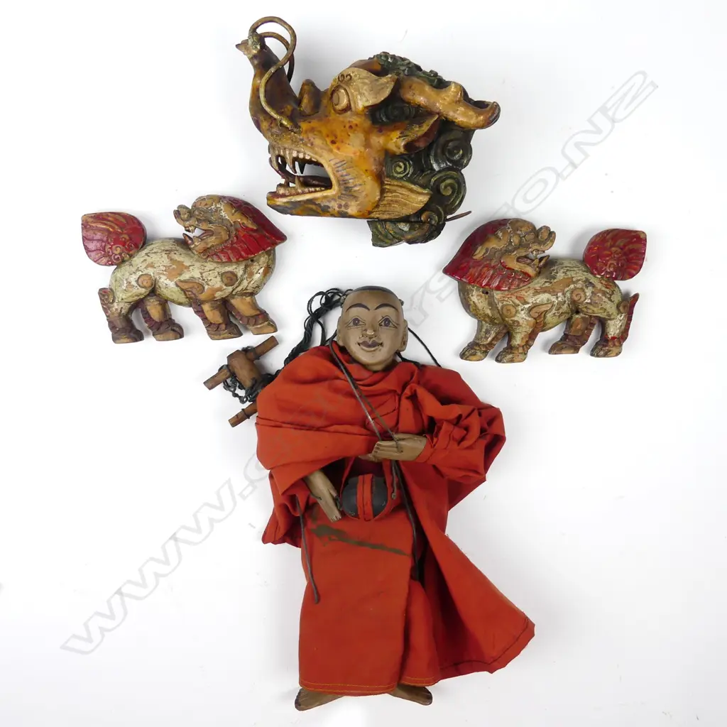 Two vintage relief carved wood Chinese temple dogs Image 1++