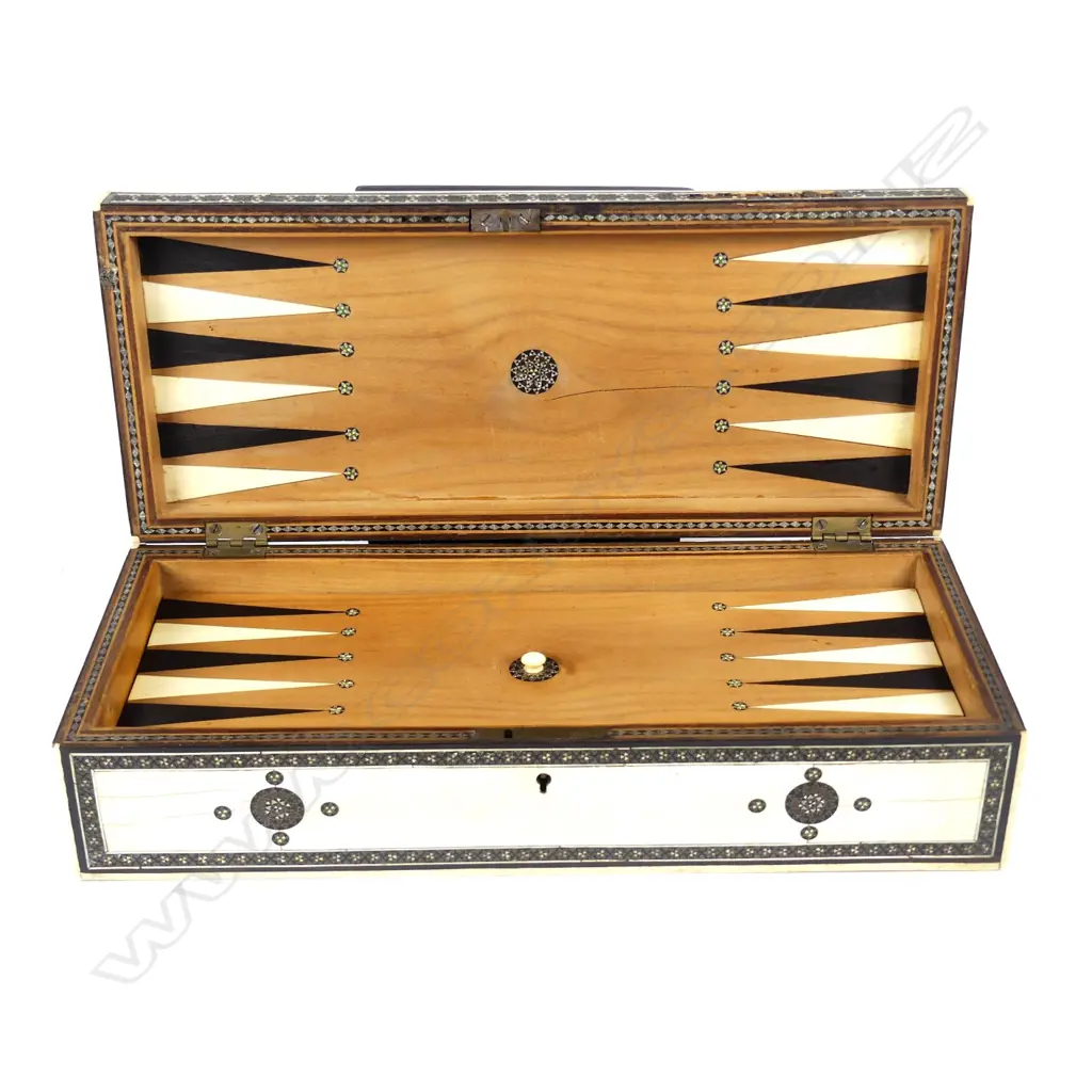 A 19thC Anglo-Indian sadeli ware micro-mosaic and bone inlaid sandalwood games box Image 1++