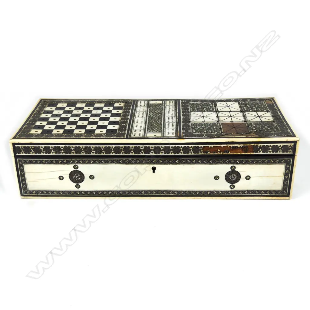 A 19thC Anglo-Indian sadeli ware micro-mosaic and bone inlaid sandalwood games box Image 1++