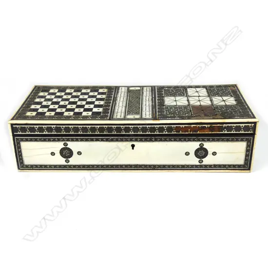A 19thC Anglo-Indian sadeli ware micro-mosaic and bone inlaid sandalwood games box