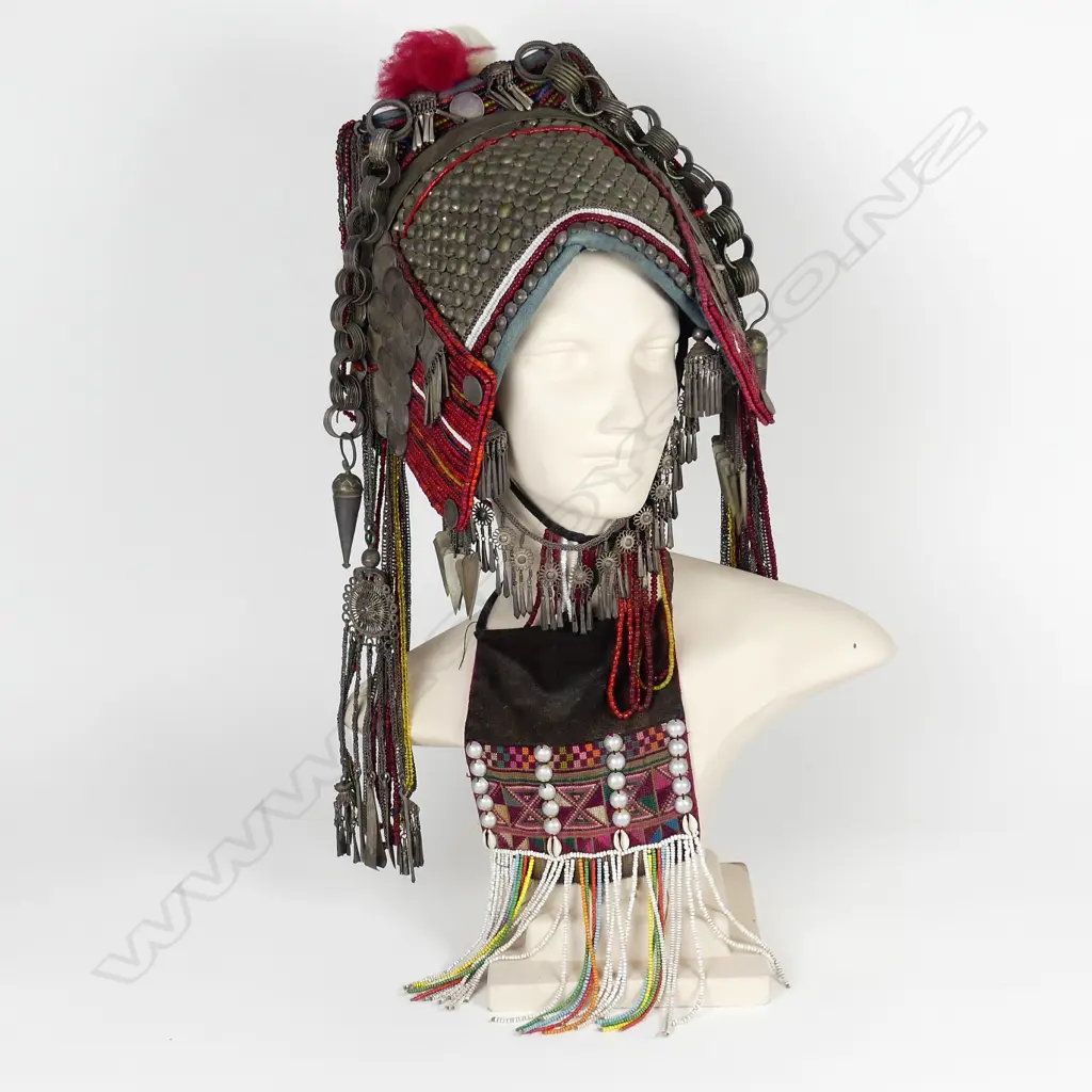 A Myanmar (Burmese) Akha Hill tribal woman's traditional beaded metal headdress Image 1++