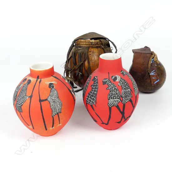 Two small gourd containers and two ceramic vases
