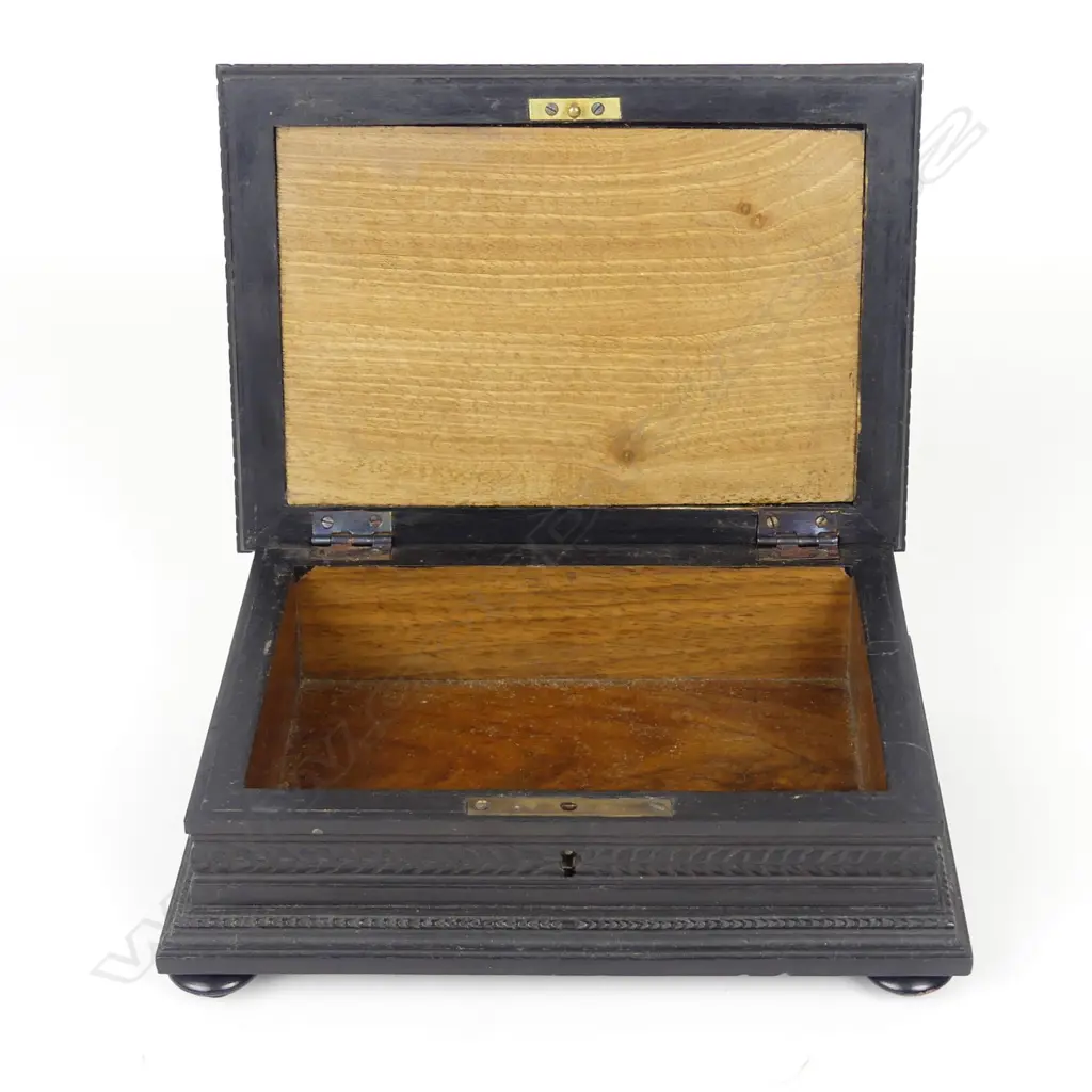 A 19thC ebonised walnut and marble inlaid hinged lidded box Image 1++