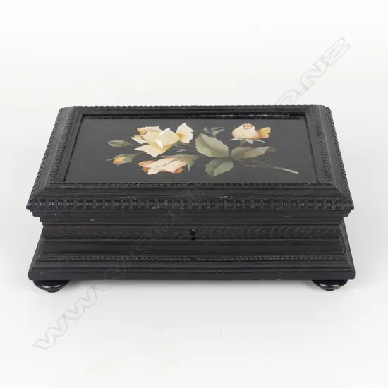 A 19thC ebonised walnut and marble inlaid hinged lidded box