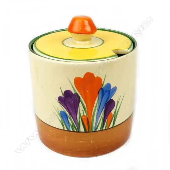 A Clarice Cliff Bizarre honey pot