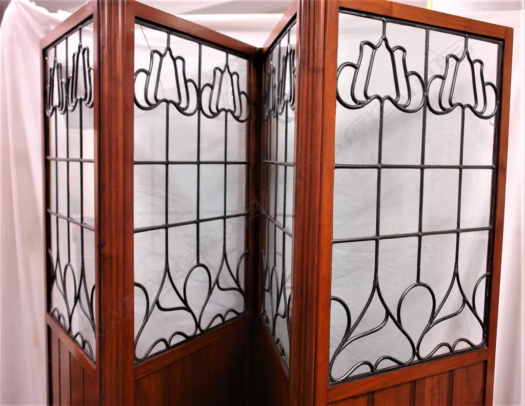 A good Scottish Art Nouveau period walnut and leadlight four fold screen Image 1++