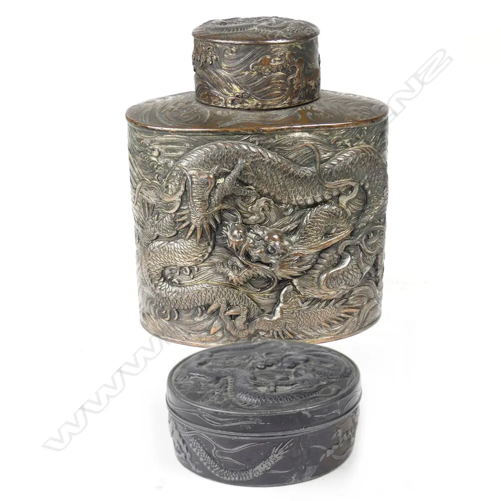 Two old Chinese bronzed white metal lidded containers Image 1++