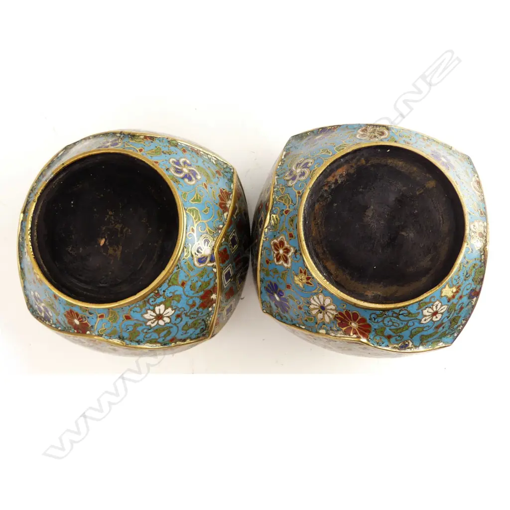A pair of old Chinese champlevé enamel and brass table jardinieres Image 1++