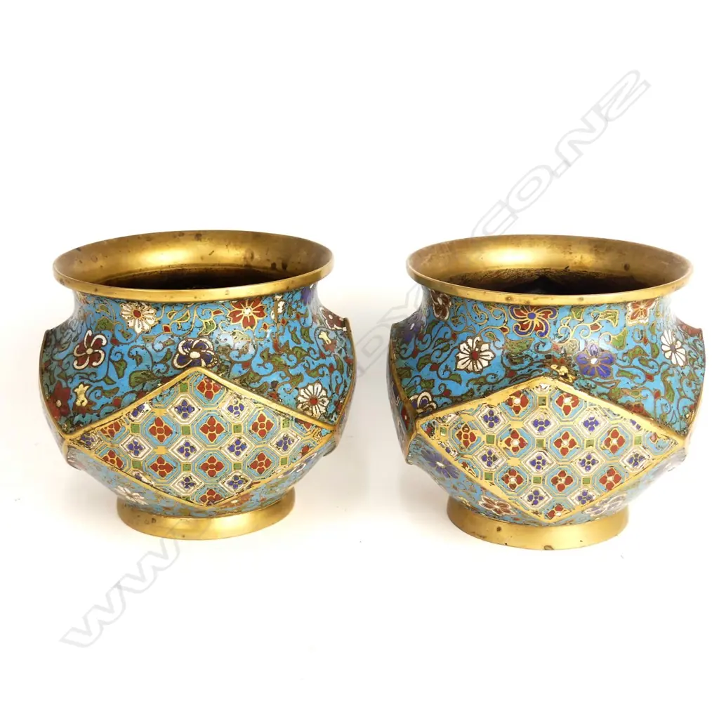 A pair of old Chinese champlevé enamel and brass table jardinieres Image 1++