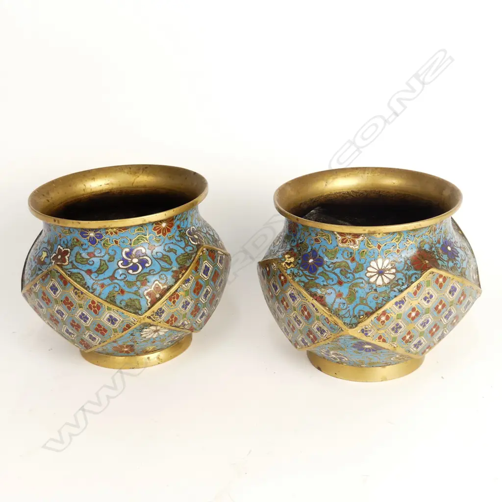 A pair of old Chinese champlevé enamel and brass table jardinieres Image 1++