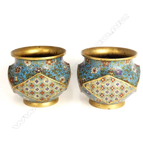 A pair of old Chinese champlevé enamel and brass table jardinieres