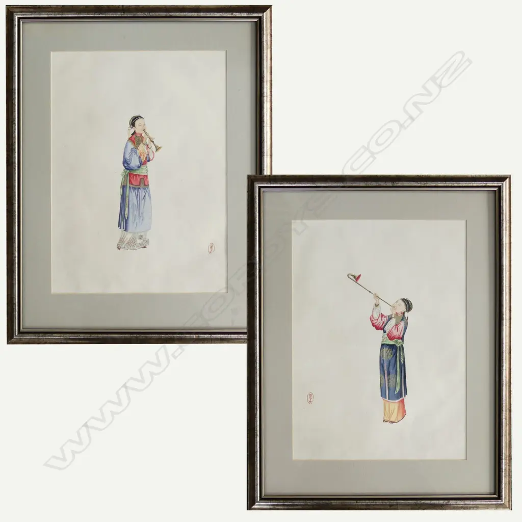 A pair of 19thC Chinese watercolour portraits of female court musicians Image 1++