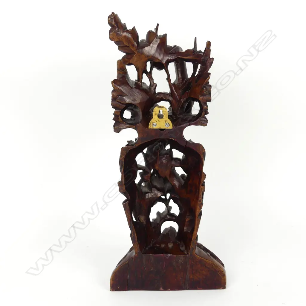 A Japanese hardwood carved standing sculpture of five birds amongst blossoms Image 1++
