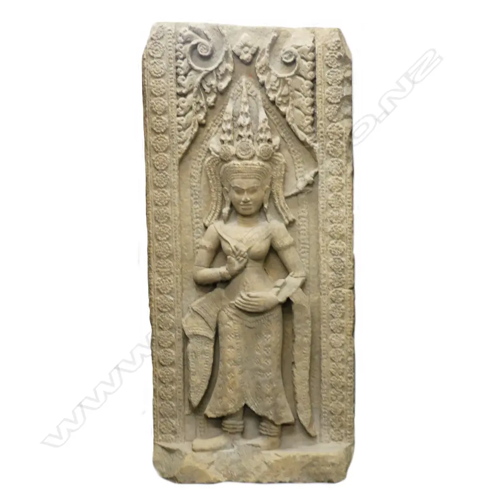 A large sandstone bas relief carving of a Khmer Aspara dancer Image 1++