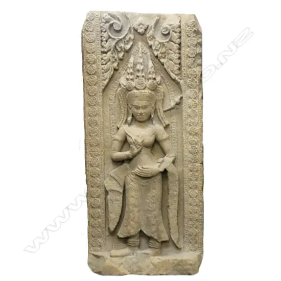 A large sandstone bas relief carving of a Khmer Aspara dancer