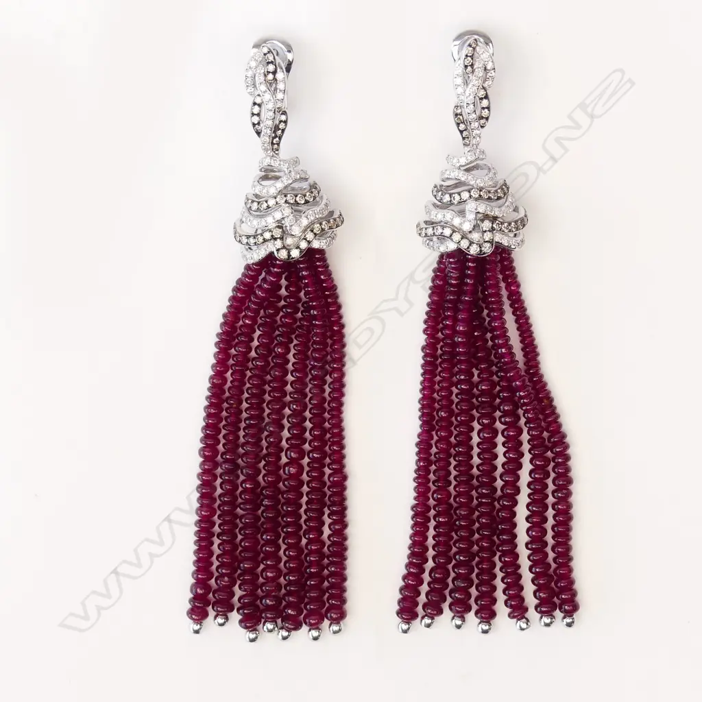 A pair of 18ct white gold diamond and ruby tassel earrings Image 1++