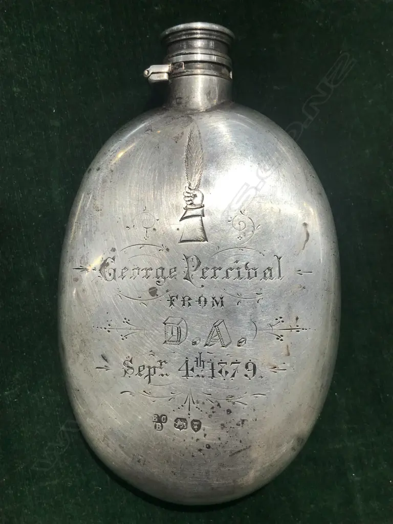 A Victorian hunting themed silver hip flask Image 1++