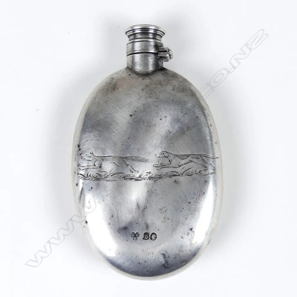 A Victorian hunting themed silver hip flask Image 1++