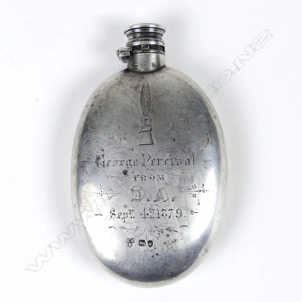 A Victorian hunting themed silver hip flask Image 1++