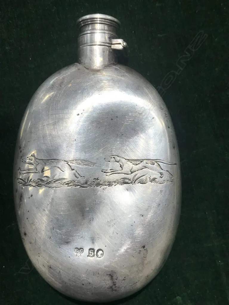A Victorian hunting themed silver hip flask Image 1++