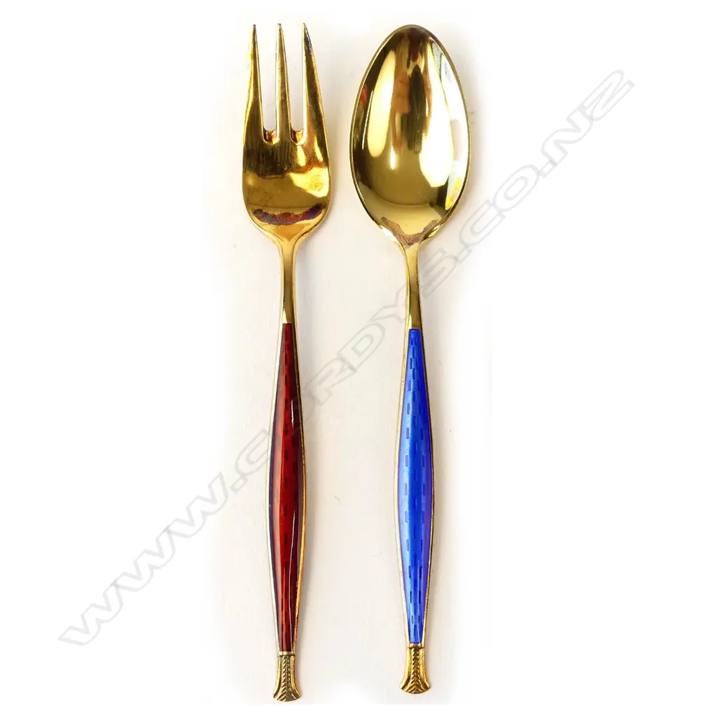 A set of Norwegian silver gilt and enamel spoons and hors d'oeuvres forks Image 1++