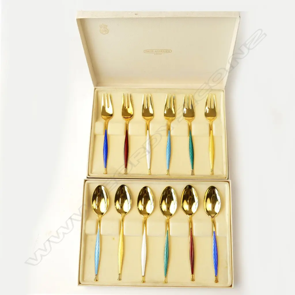 A set of Norwegian silver gilt and enamel spoons and hors d'oeuvres forks Image 1++