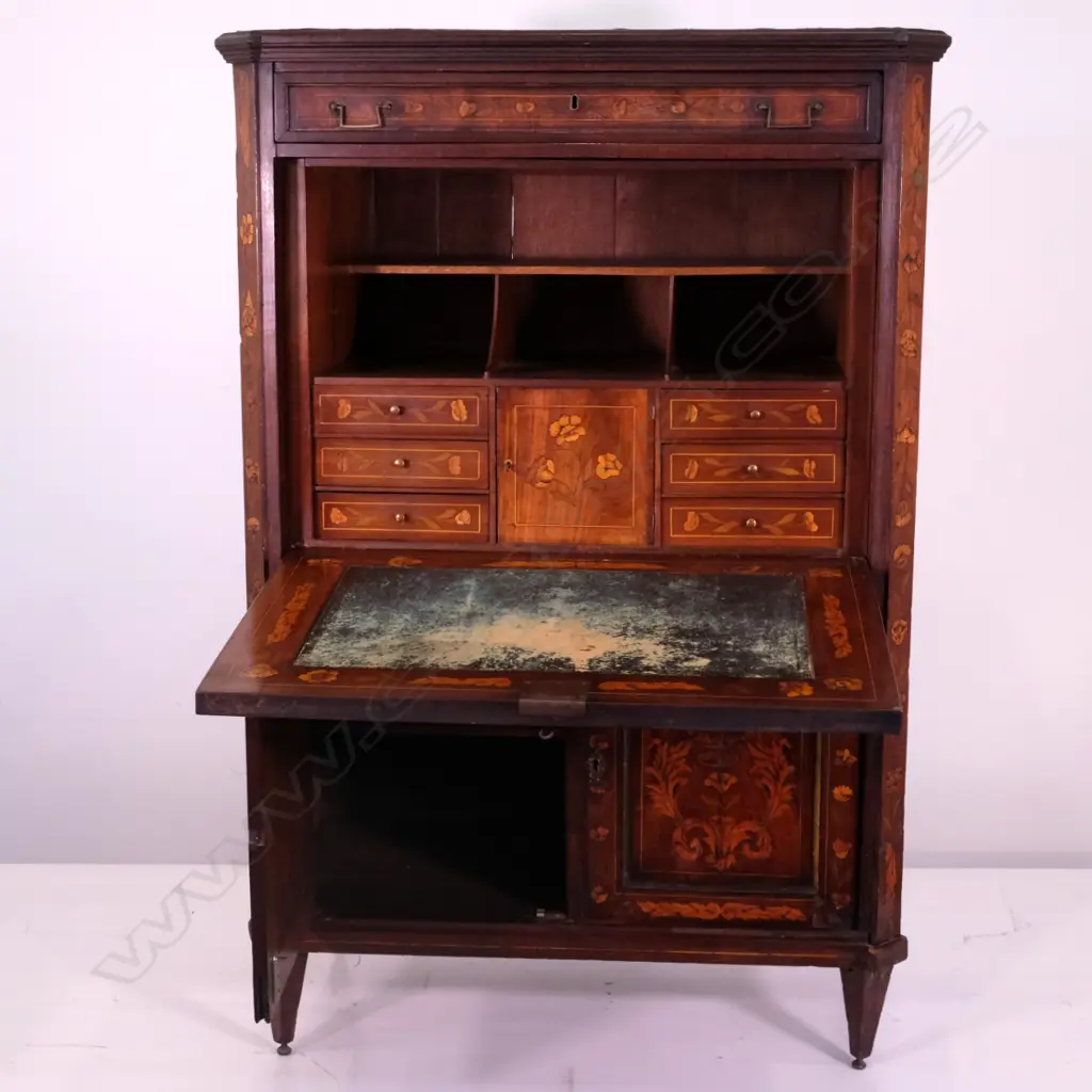 A 19thC continental marquetry inlaid mahogany secretaire a abattant Image 1++