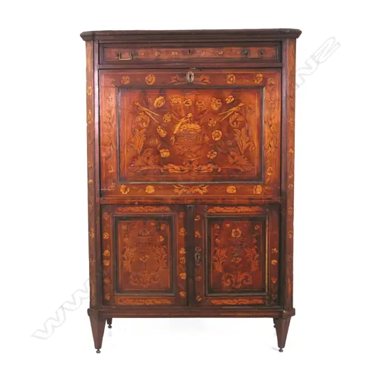 A 19thC continental marquetry inlaid mahogany secretaire a abattant