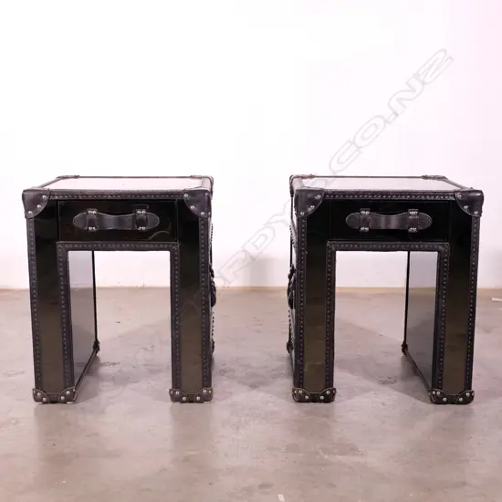A pair of contemporary designer (Tiquila Kola) black mirrored bedside cabinets