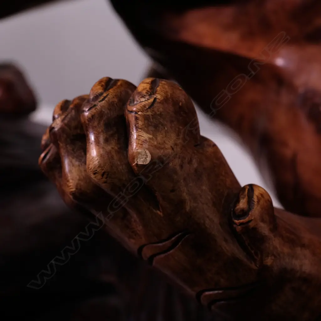 A large carved teak animal group of two tigers attacking a lion Image 1++