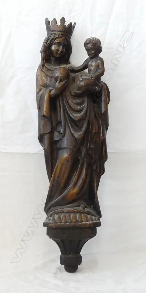 A 19thC European fruit wood carved Madonna and Child Image 1++