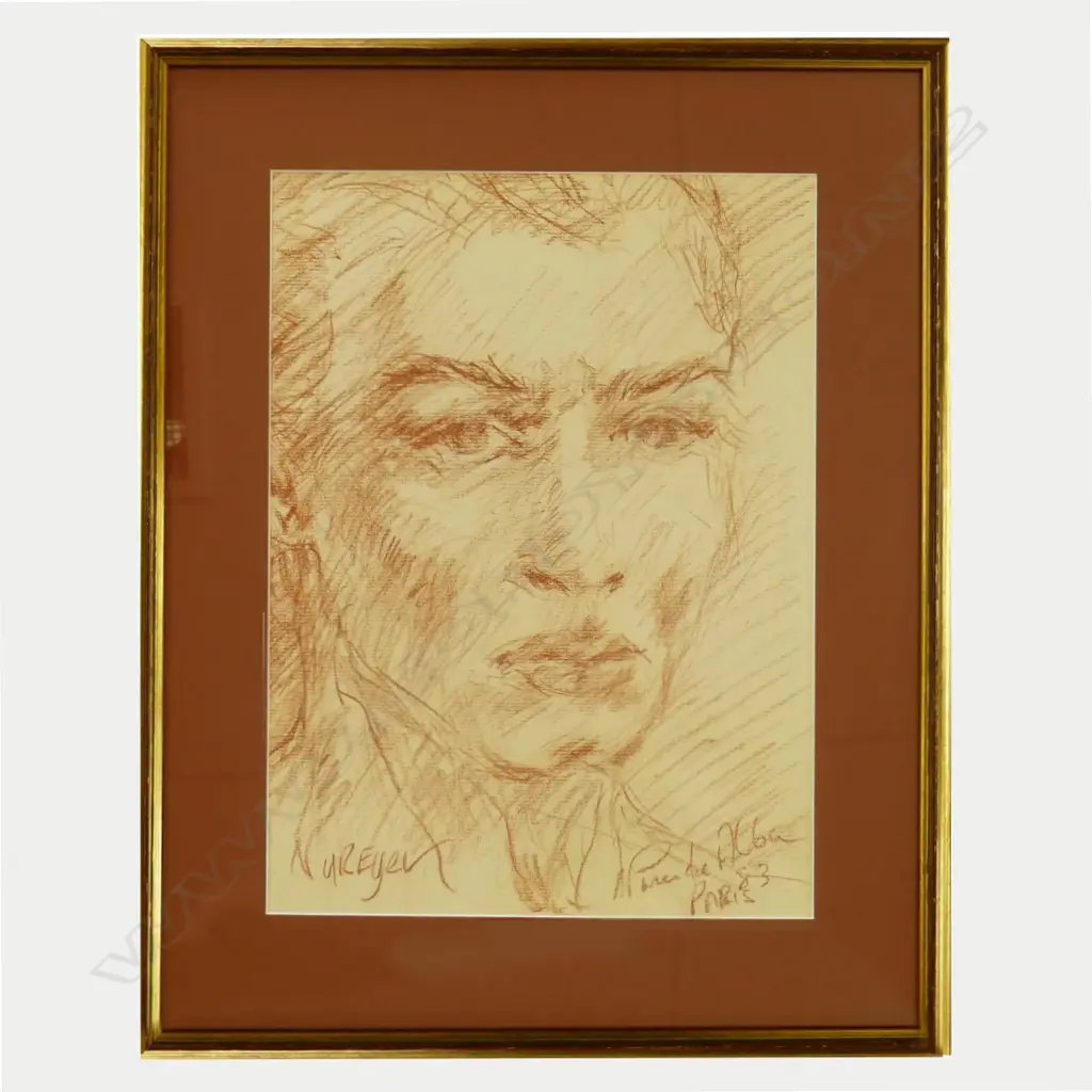 A conte sketch of Rudolf Nureyev and a pastel of a pair of ballet shoes Image 1++