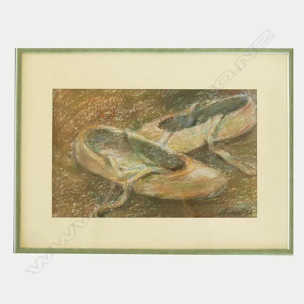 A conte sketch of Rudolf Nureyev and a pastel of a pair of ballet shoes Image 1++