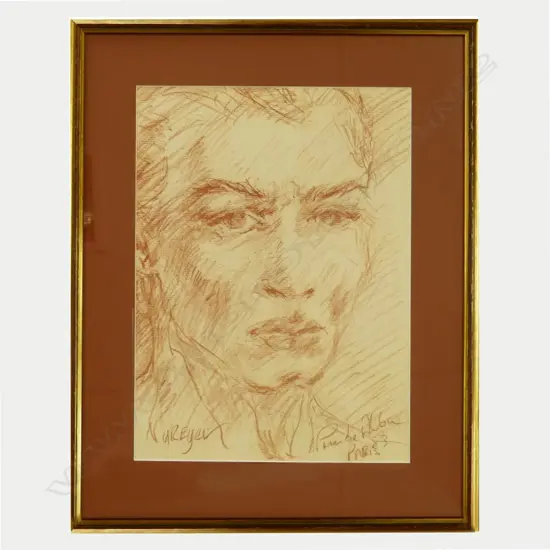 A conte sketch of Rudolf Nureyev and a pastel of a pair of ballet shoes