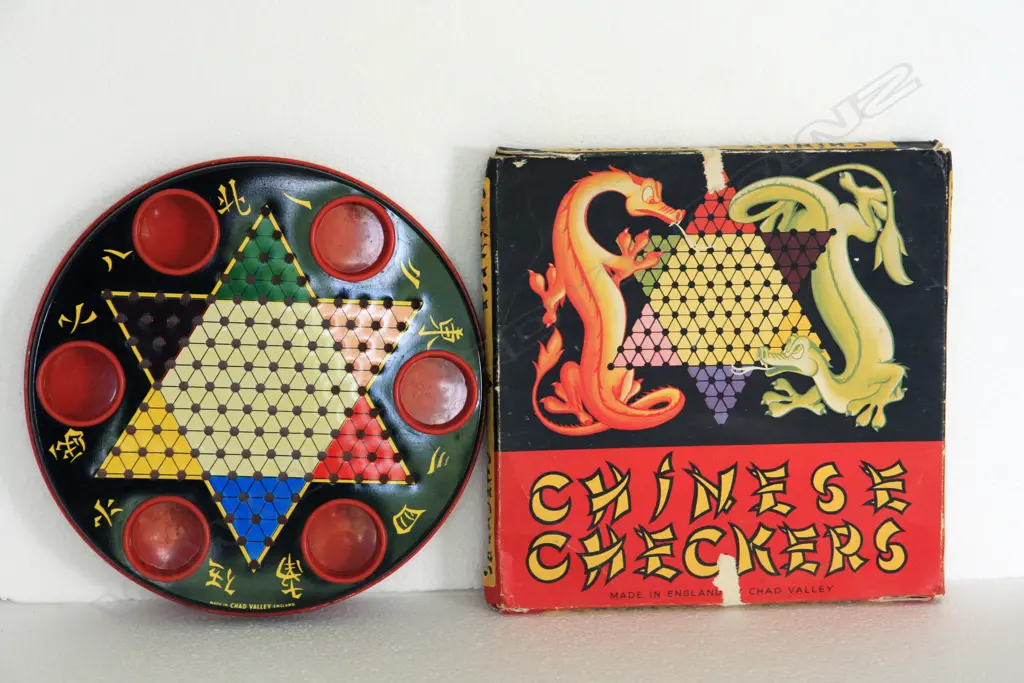 ‘Chinese Checkers’ boxed tinplate circular game board with coloured composition marbles Image 1++