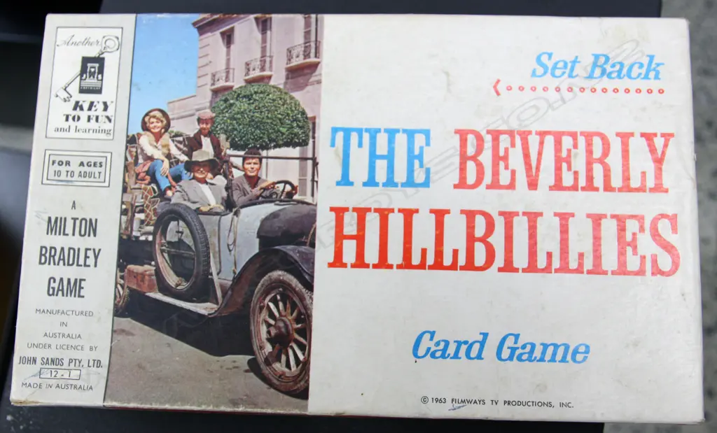 ‘The Beverley Hillbillies’ Card Game in original box with coloured character cards (play worn) with plastic playing chips and rule book by John Sands Image 1++