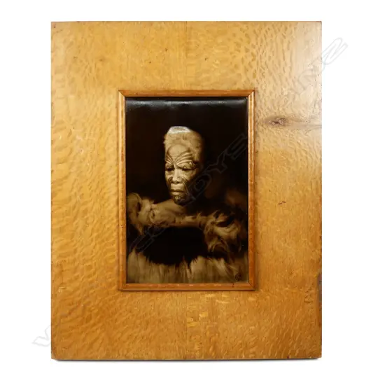 A c.1900 Sherwin & Cotton Māori portrait tile of the chief 'Matene Te Nga', depicted with full moko and in a korowai (cloak), the chief of Ngati Maru iwi, entitled top left, the artist George Cartlidge’s monogram bottom right, maker's marks to reverse. 225 x 150mm.Professional restoration, in old rewarewa frame, the reverse with outline and starting of Māori carved detail.