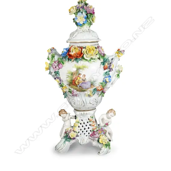 A Dresden lidded pot pourri urn