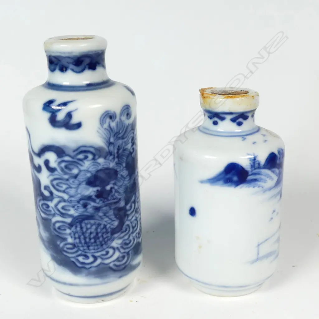 Two old Chinese porcelain blue and white snuff bottles Image 1++