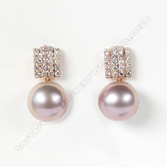 A pair of 14ct rose gold pink pearl and diamond earrings