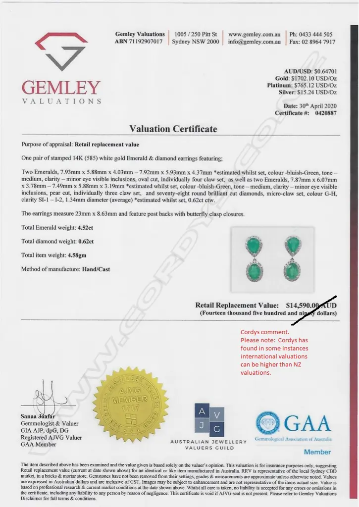 A pair of 14ct white gold emerald and diamond drop earrings Image 1++