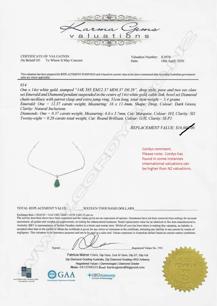 A 14ct white gold emerald and diamond Art Deco style pendant Image 1++