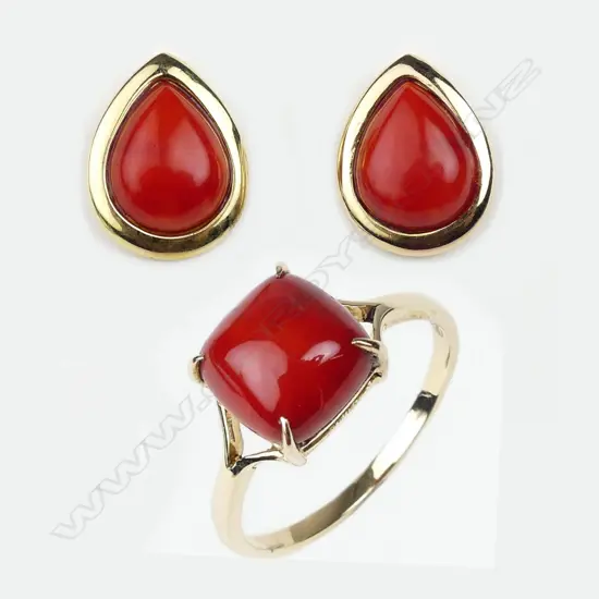 A 14ct gold and red coral ring and earring set