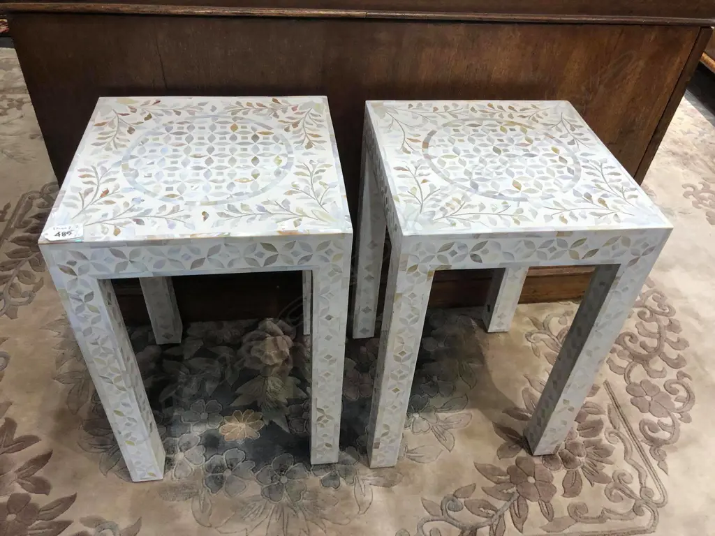 A pair of decorative mother of pearl inlaid parquetry occasional tables Image 1++