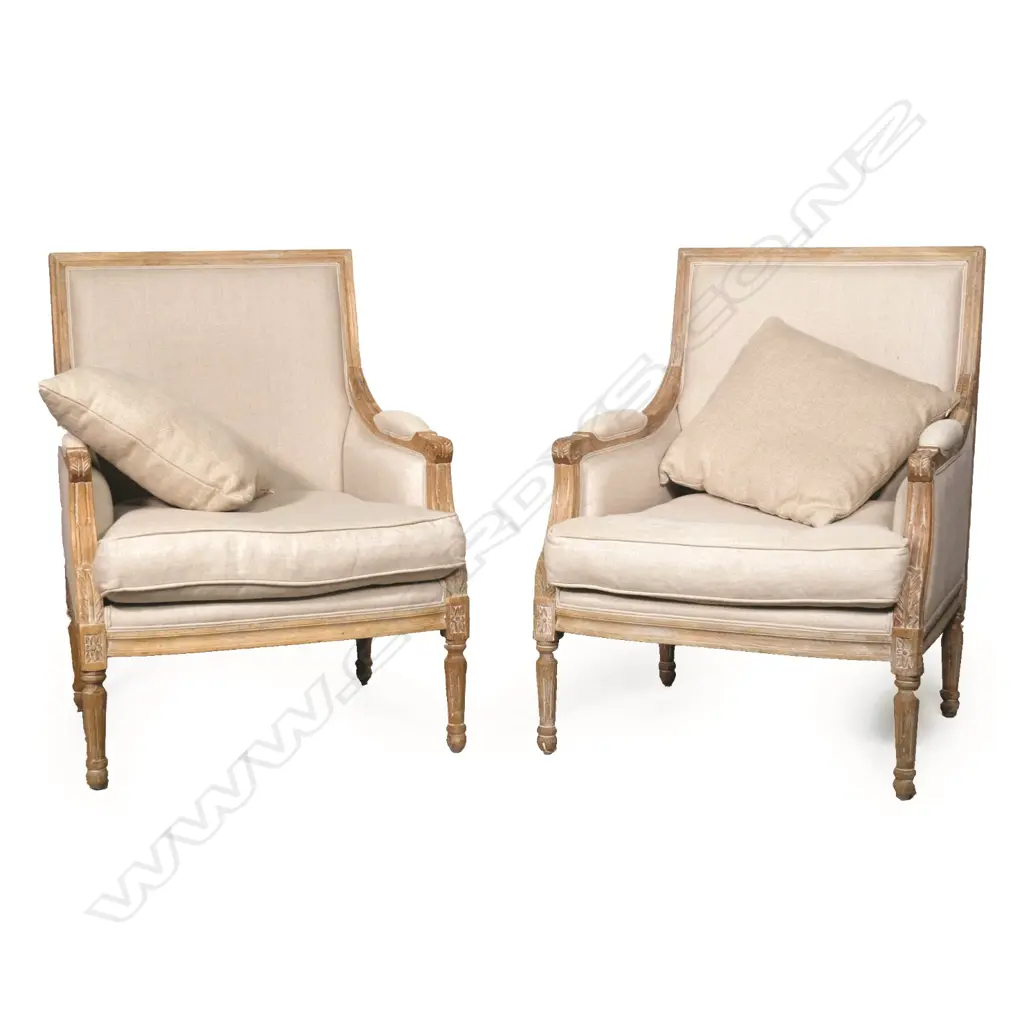 A pair of lightly whitewashed oak framed bergeres Image 1++