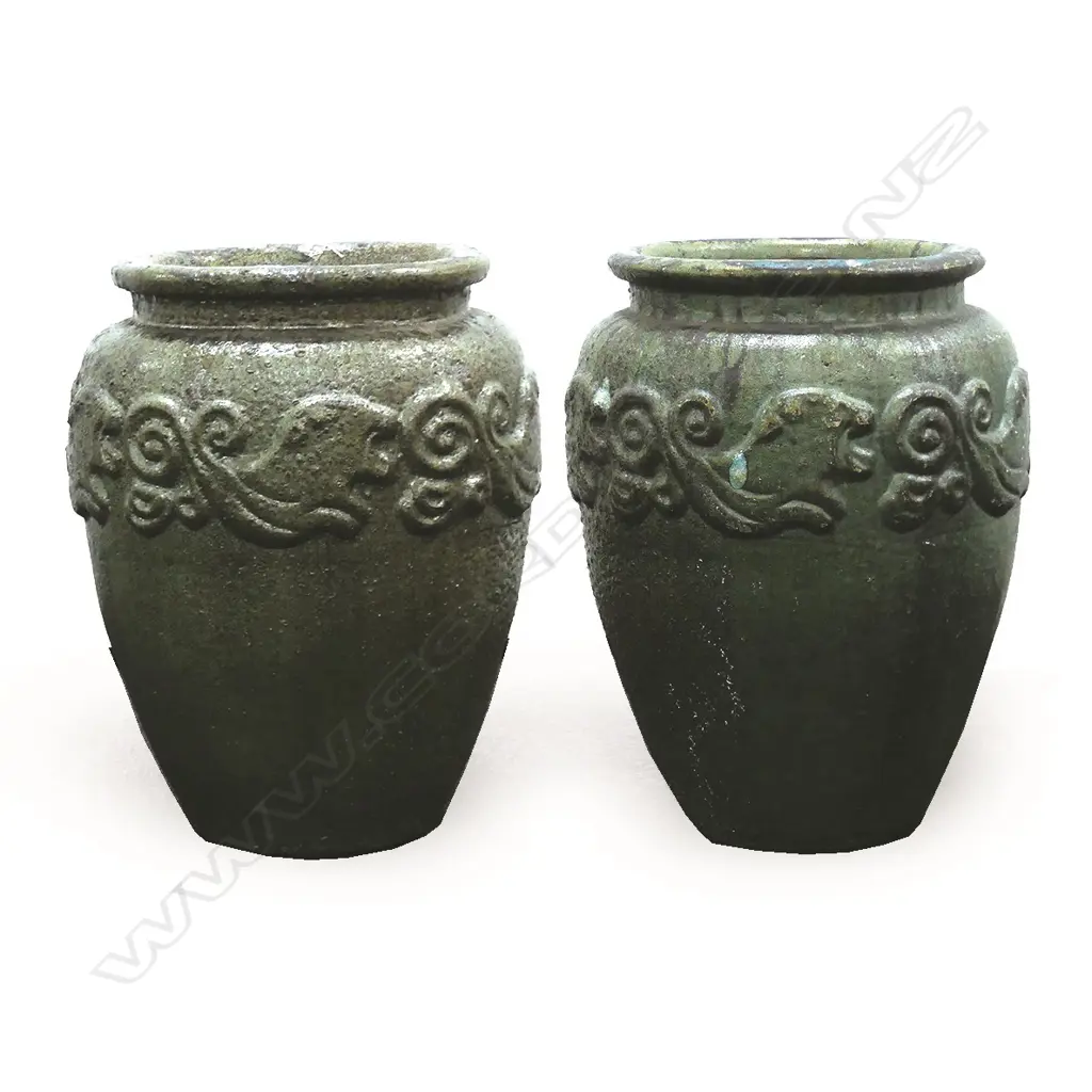 A pair of large lustrous green salt glazed garden pots Image 1++