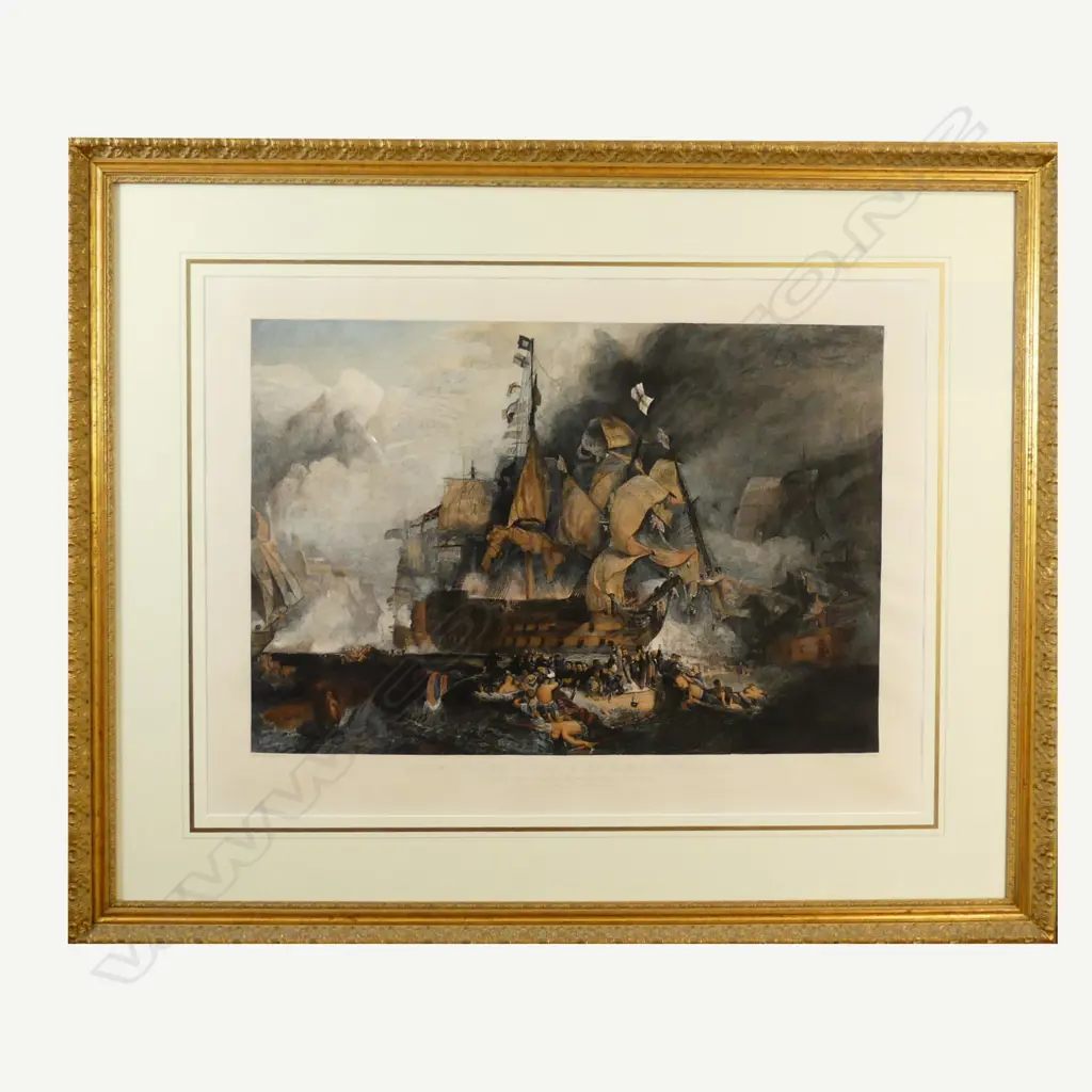 A hand coloured engraving 'Nelson's Ship the Victory in the Battle of Trafalgar' Image 1++
