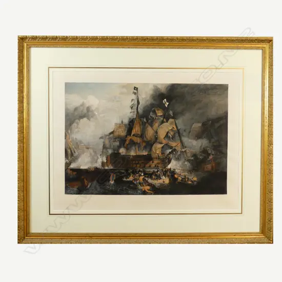 A hand coloured engraving 'Nelson's Ship the Victory in the Battle of Trafalgar'